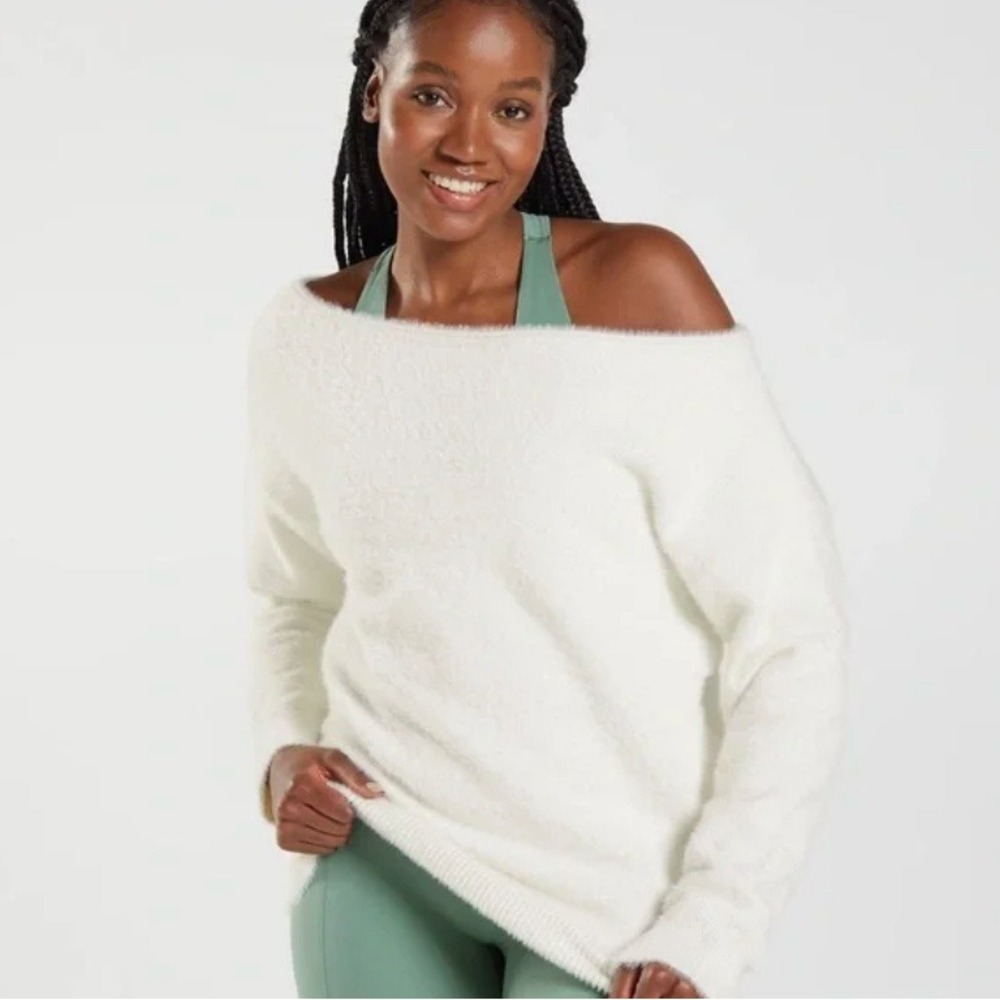 Gymshark Whitney‎ Simmons Oversize Eyelash Sweatshirt Sz L Off White Offshoulder